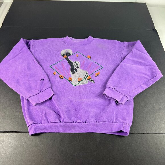 VTG 90s Nike Air Jordan Sweatshirt Youth Boxy Medium Purple Thrashed Crewneck - Picture 1 of 16